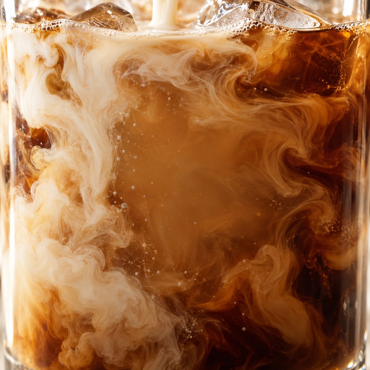 Kalte Milch wirbelt in Wolken durch kalten Kaffee