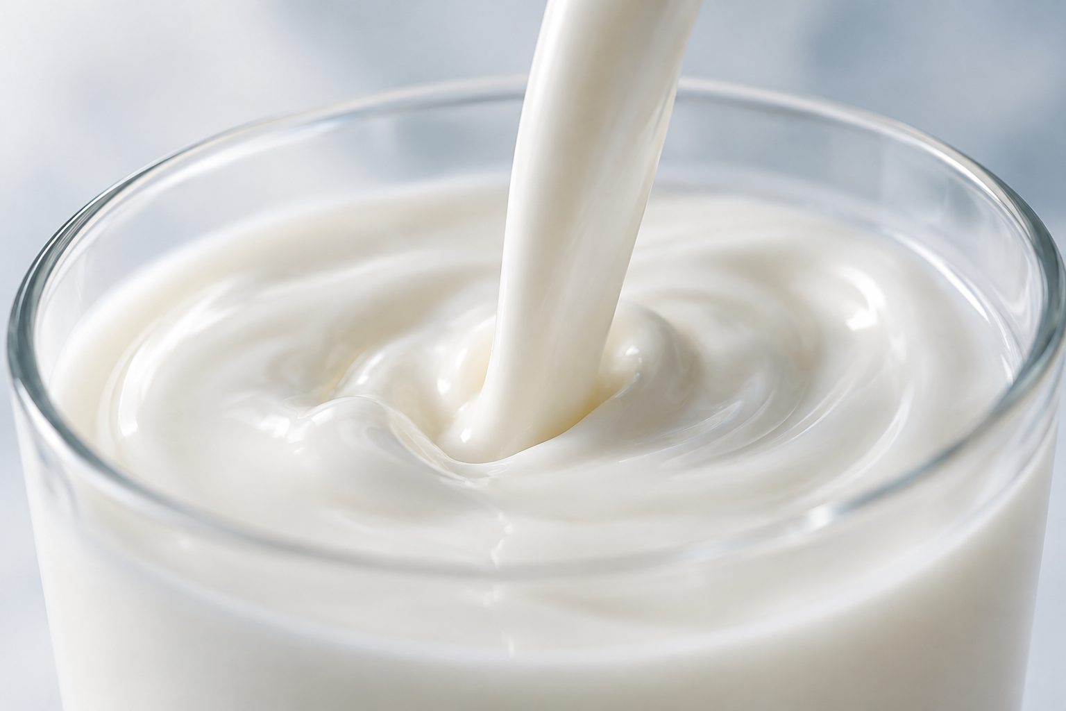 Milch läuft in ein Glas, Nahaufnahme