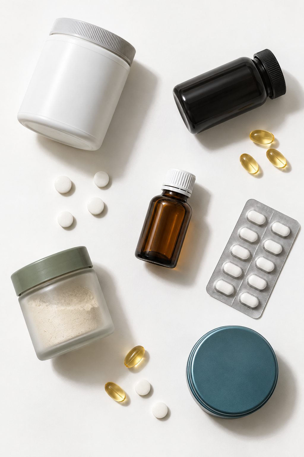 Unbeschriftete Supplement-Dosen, ein Braunglas, ein Blister und lose Kapseln von oben auf Weiß