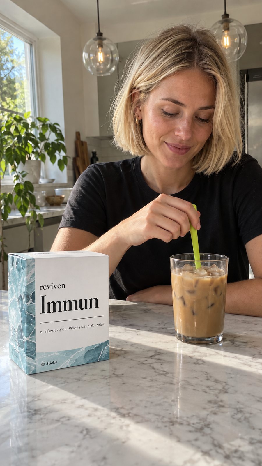 Junge Frau rührt einen Stick in kalten Milchkaffee
